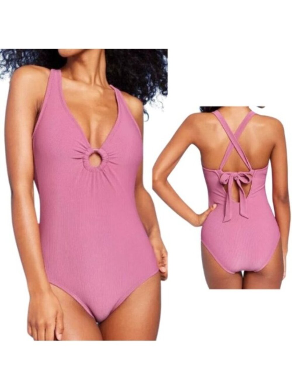 102.🆕Small Shade & Shore Ribbed Plunge Ring Detail One Piece Swimsuit (4-6) NWT